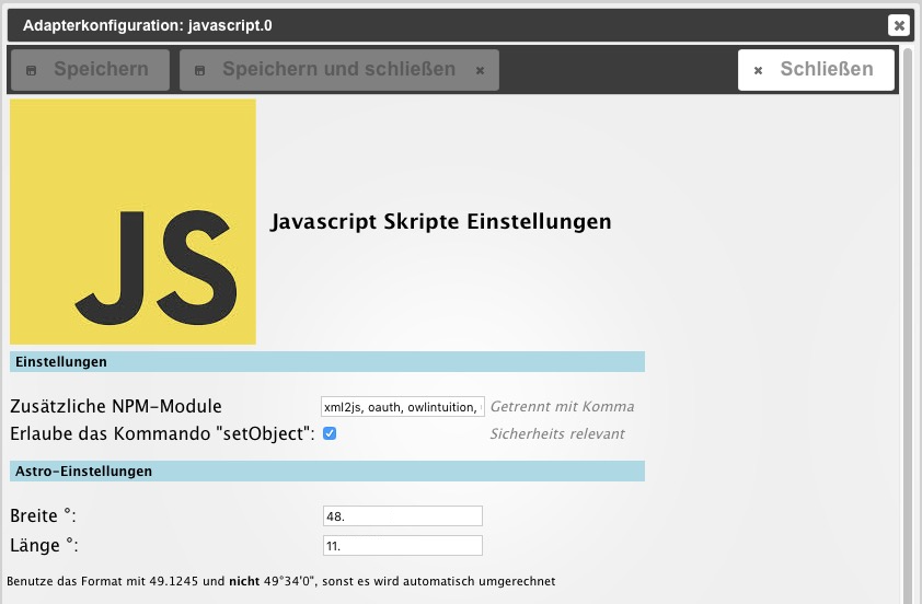 Einstellungsmenü Javascript Adapter